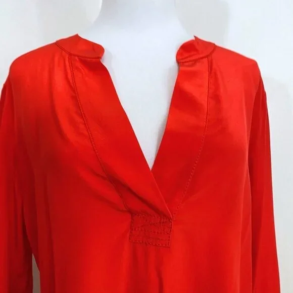 DIANE VON FURSTENBERG ESTI RED SILK ROLLED TAB SLEEVE BLOUSE - 2 - Picture 6 of 12